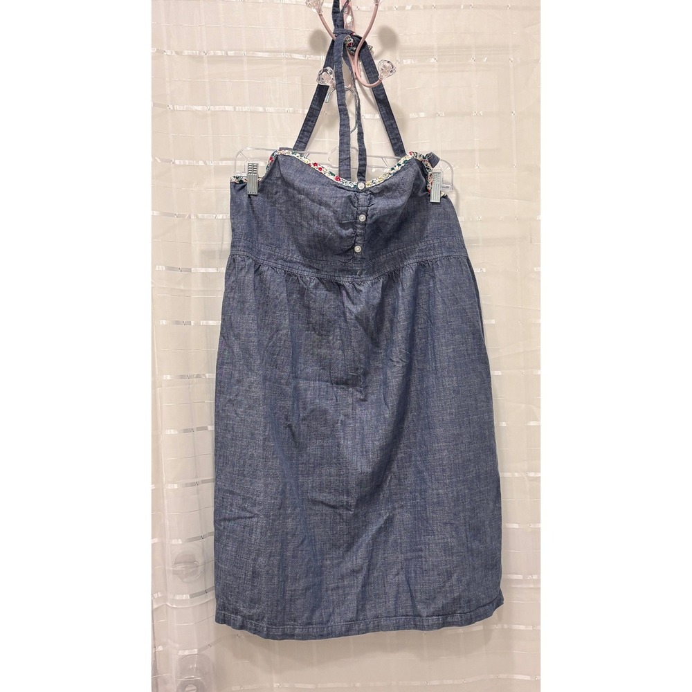 Old Navy Chambray Halter Dress Blue Cotton Floral Trim Smocked Back Womens L